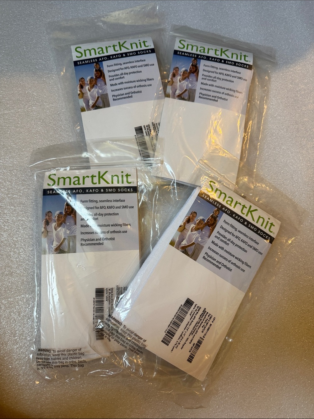 SmartKnit Seamless White Socks for AFO, KAFO & SMO Support - White 4 pair